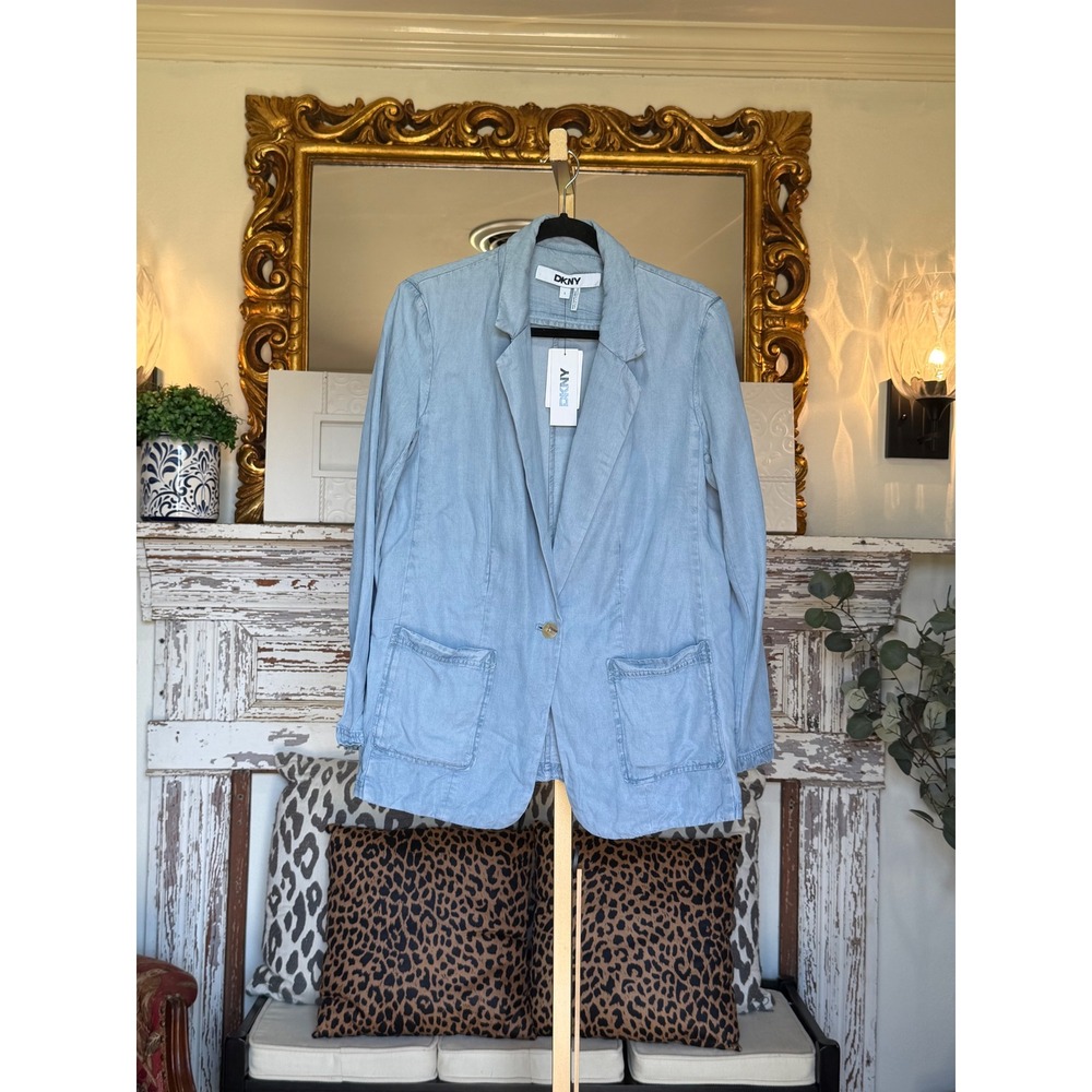 DKNY Womens Light Blue Lyocell Denim Look Blazer Jacket Single Button NWT S